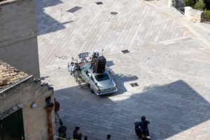 Matera, Italy - September 15, 2019: Bond 25, Aston Martin DB5 while filming chase scenes through the narrow streets of the movie "No Time to Die" in Sassi, Matera, Italy. Used in Gabucci blog. Adobe Stock Shot