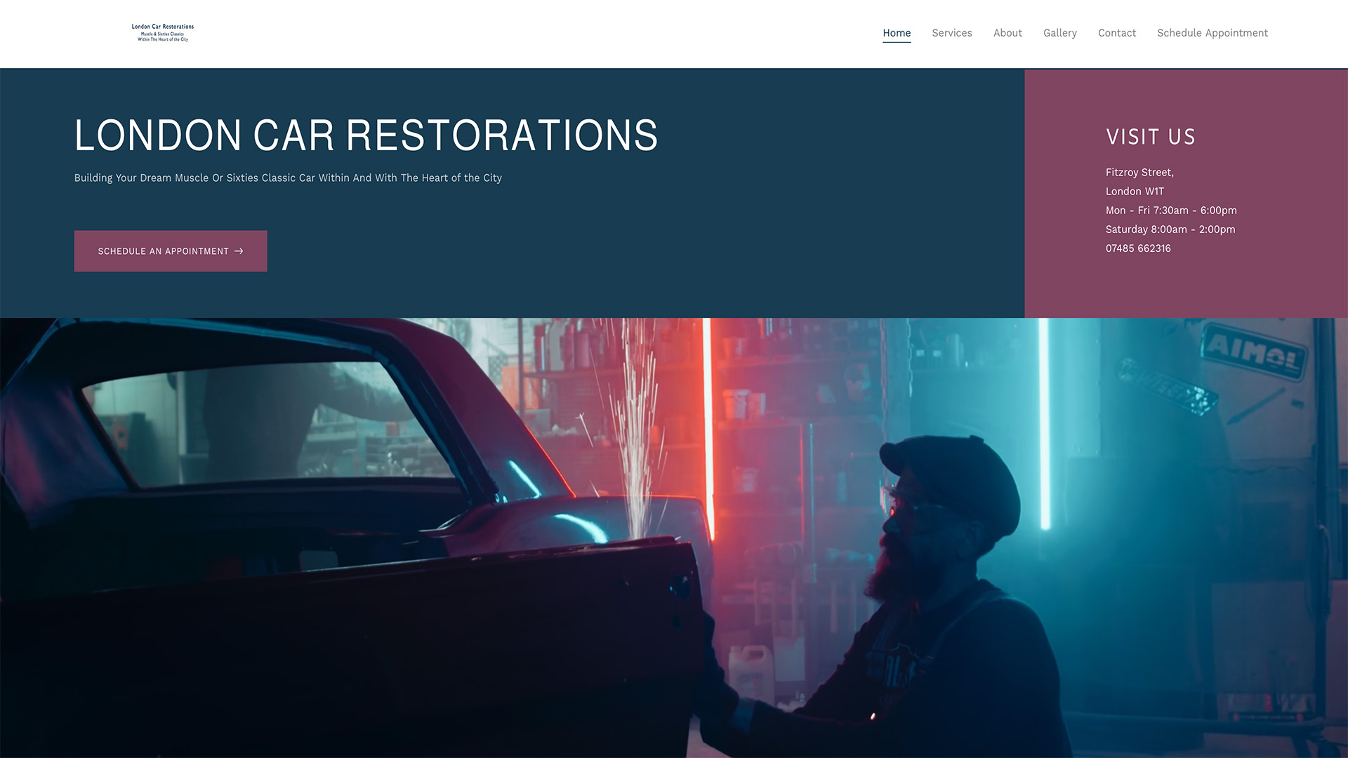 Screen grab of web site demo for automotive garages including restoration, features stock footage and images from Pexels image library