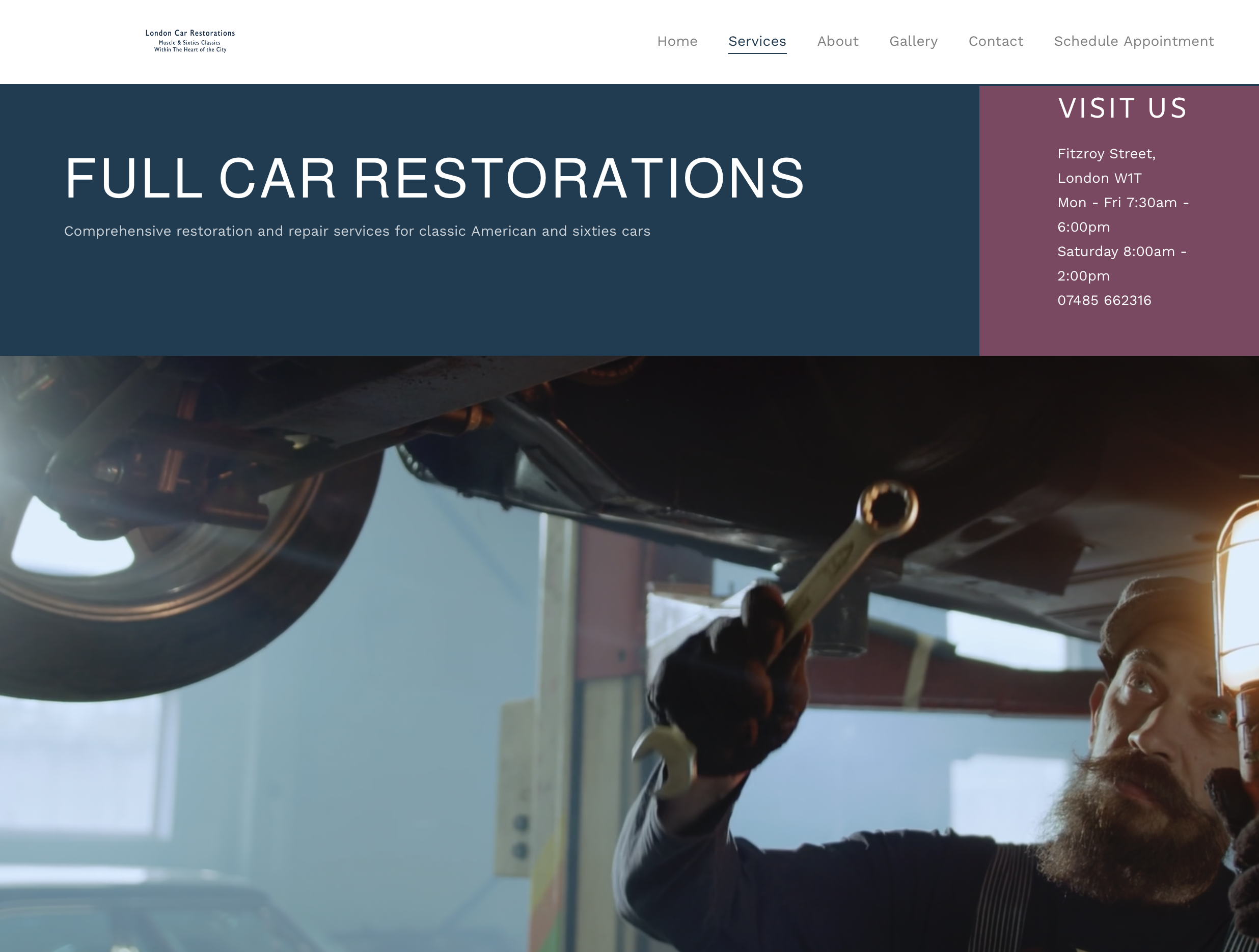 Screen grab of web site demo for automotive garages including restoration, features stock footage and images from Pexels image library