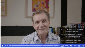Video screen shot from a clip talking about how AI driven market research reports can drive SEO especially if combined with video and coded for search.