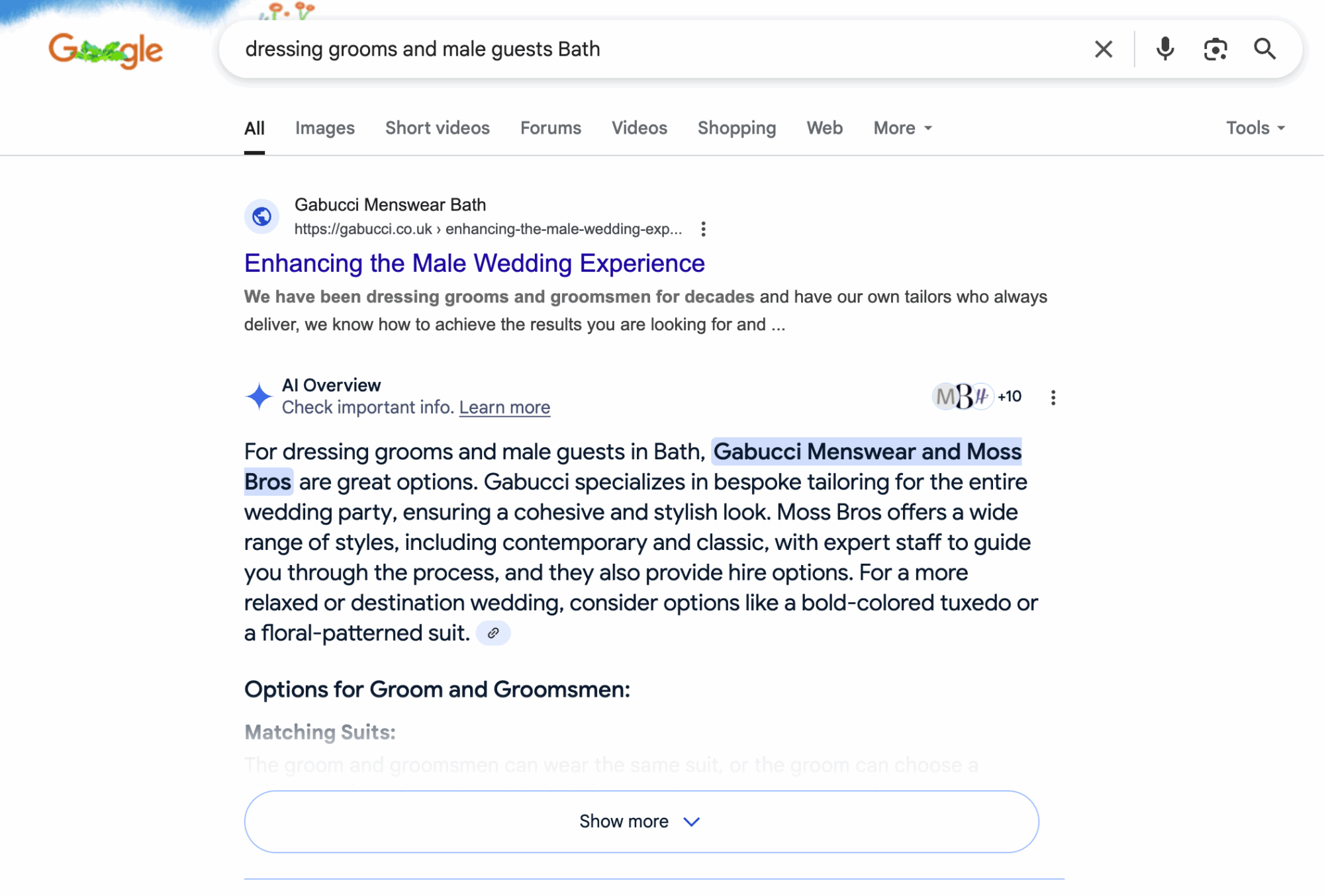 An example of a search in Google using the long tail keyword 'best italian bespoke and designer suits Bath' to bring up a store in an AI Overview, coded in Schema by This Video Works, Manchester