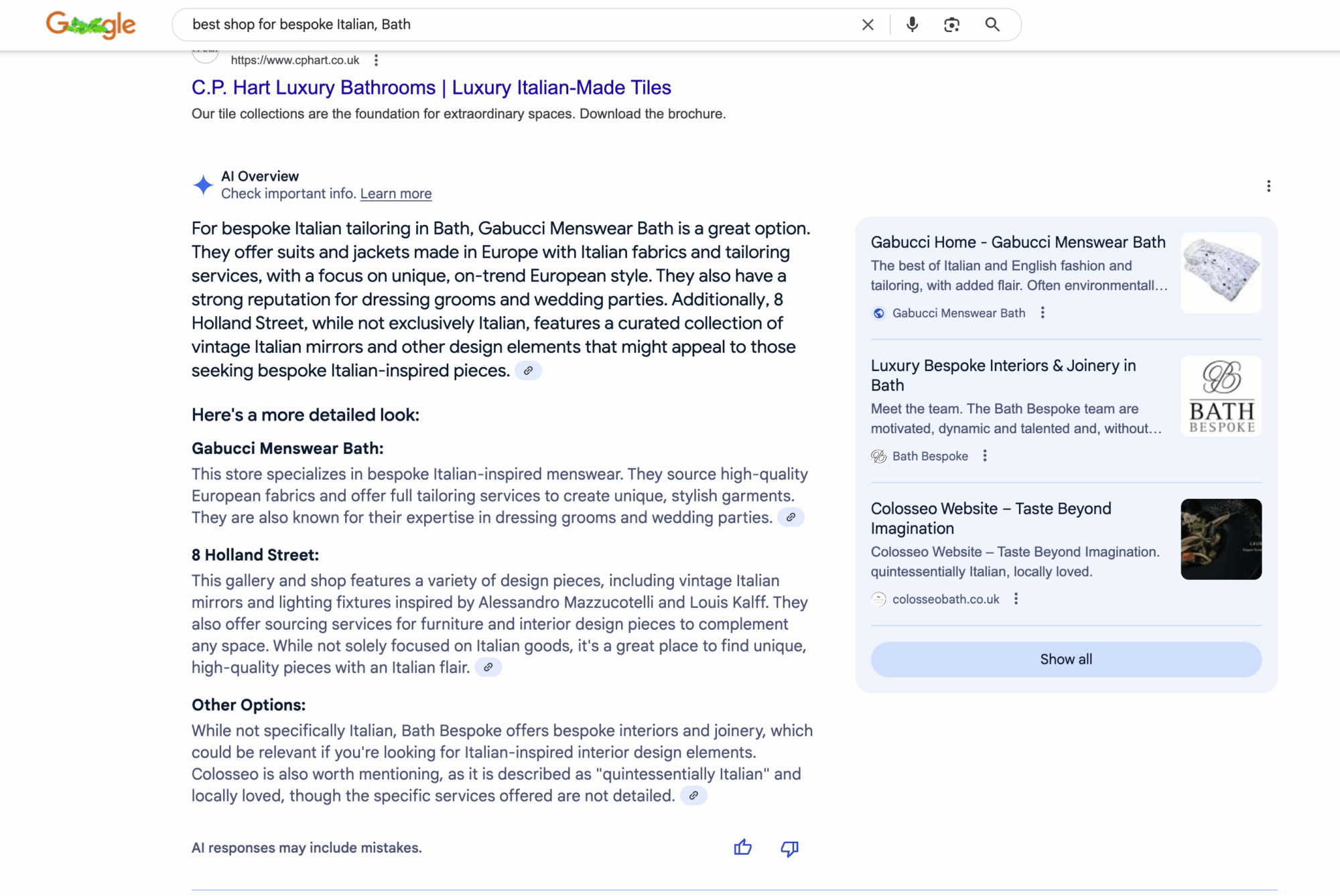 An example of a search in Google using the long tail keyword 'best italian bespoke and designer suits Bath' to bring up a store in an AI Overview, coded in Schema by This Video Works, Manchester