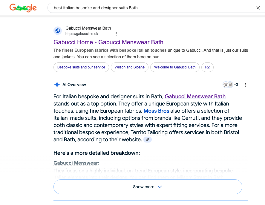 An example of a search in Google using the long tail keyword 'best italian bespoke and designer suits Bath' to bring up a store in an AI Overview, coded in Schema by This Video Works, Manchester