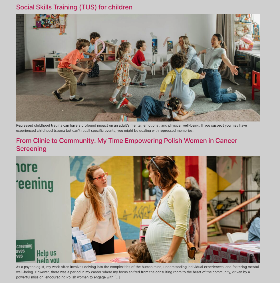 Posts covering local support in cancer screening and social skills training for children for Polish Language Counselling, a South London counselling service for Polish speakers in London.