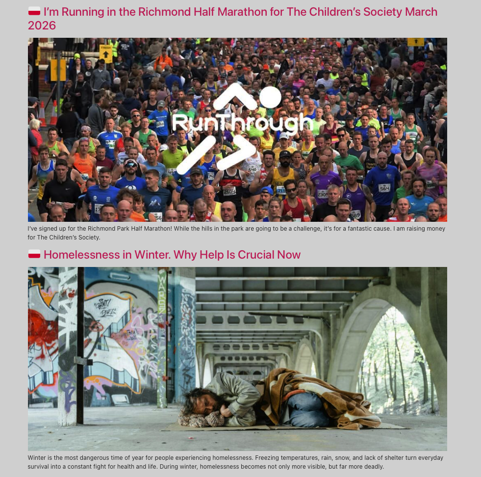 Posts covering the homelessness in Winter and the upcoming Richmond Half Marathon.