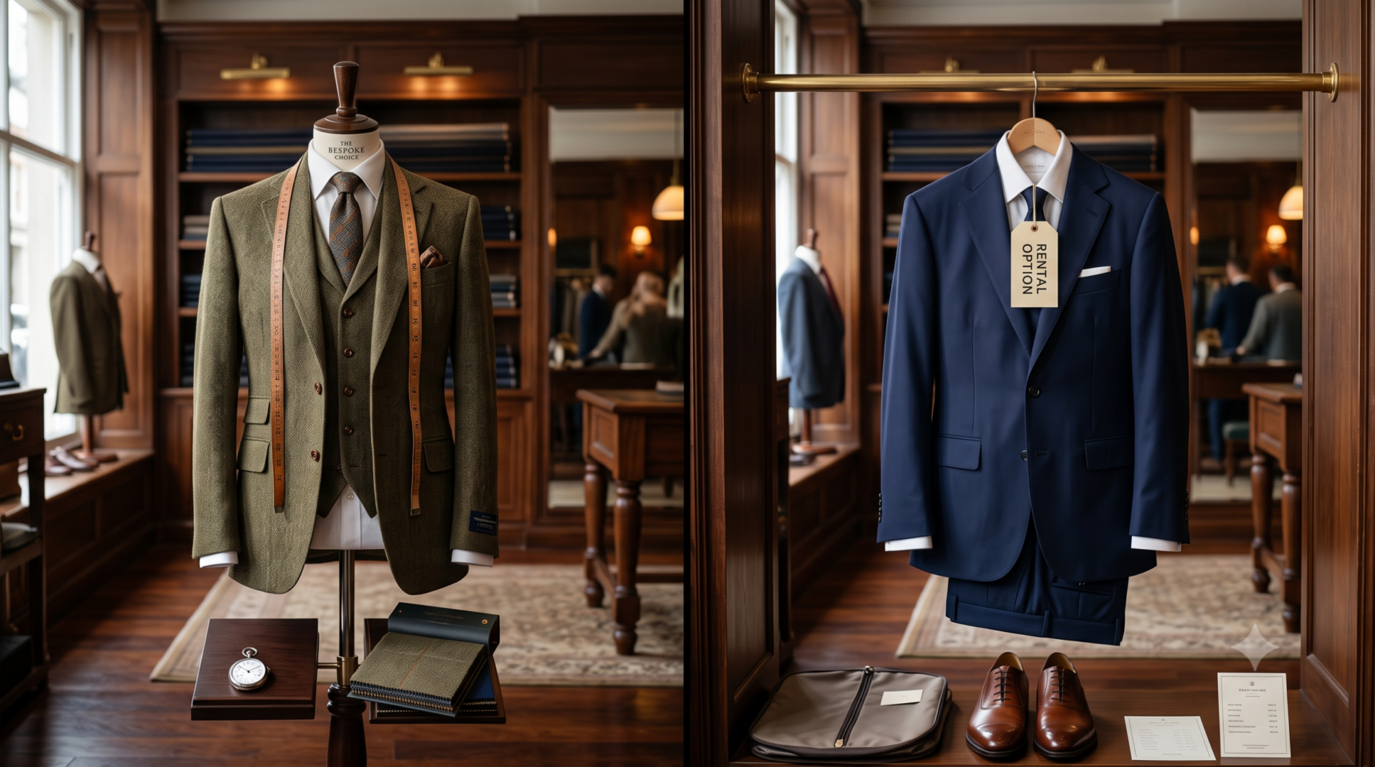 Image produced in AI to represent the choice for grooms in buying or renting a wedding suit, created for Gabucci Menswear Bath
