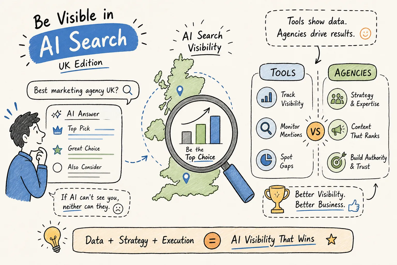 AI generated image to depict AI search visibility in the UK, from This Video Works, Edinburgh, London and Worcester