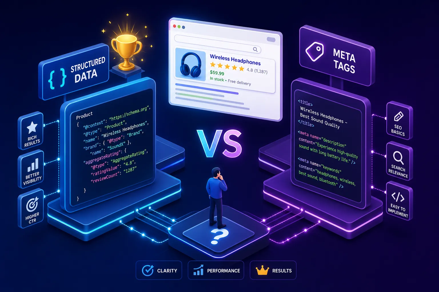 AI image to show how structured data compares with meta tags and what each does, from This Video Works
