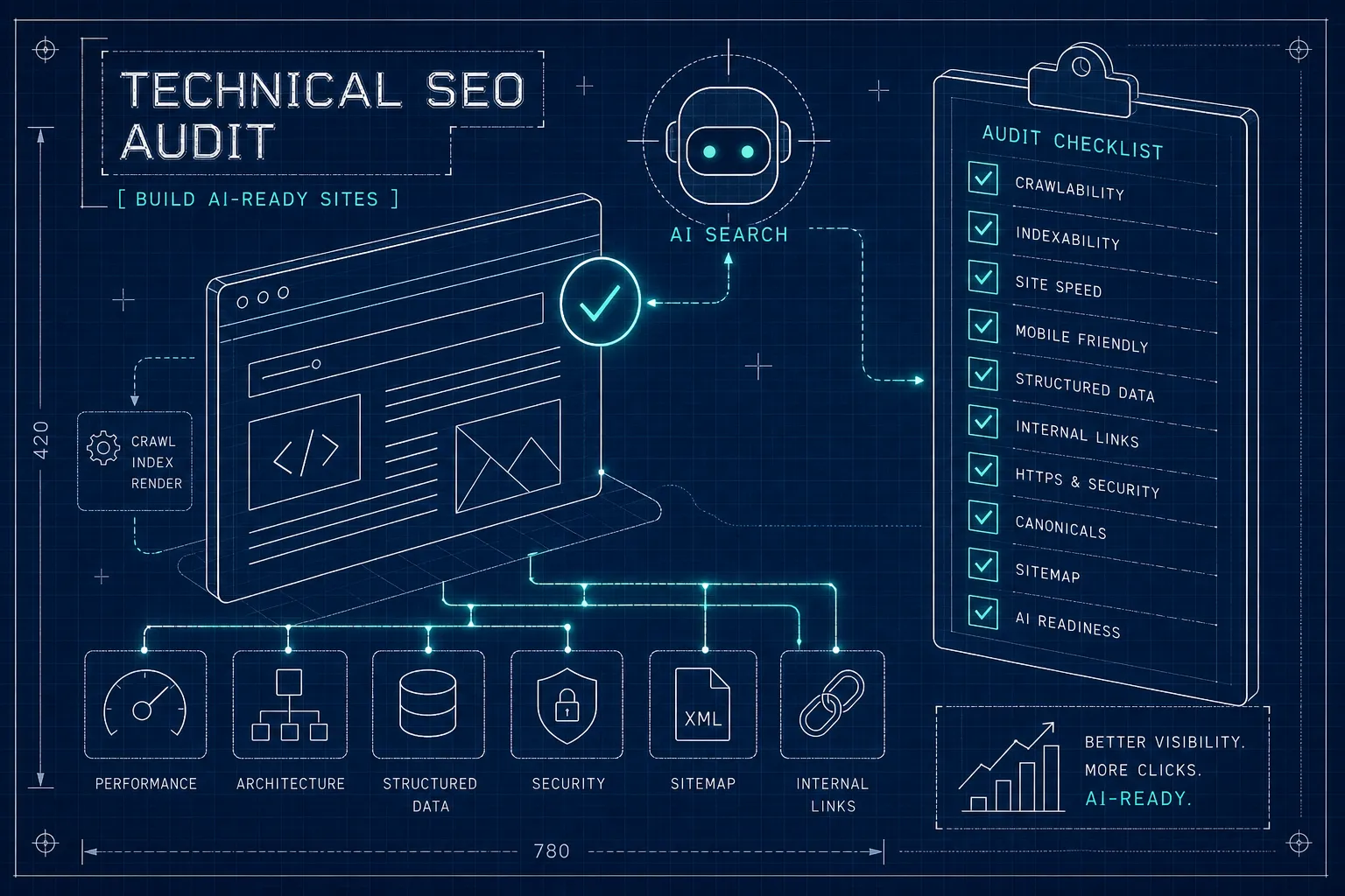 An AI image to portray technical SEO for AI based search from This Video Works London, Edinburgh and Worcester