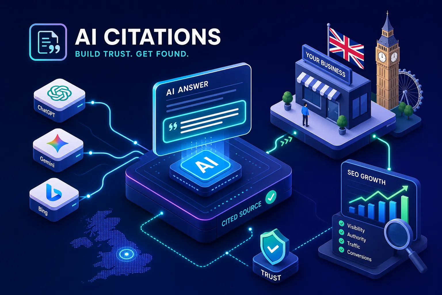 AI generated image to represent getting AI citations for SEO for the UK, from This Video Works, London, Worcester and Edinburgh