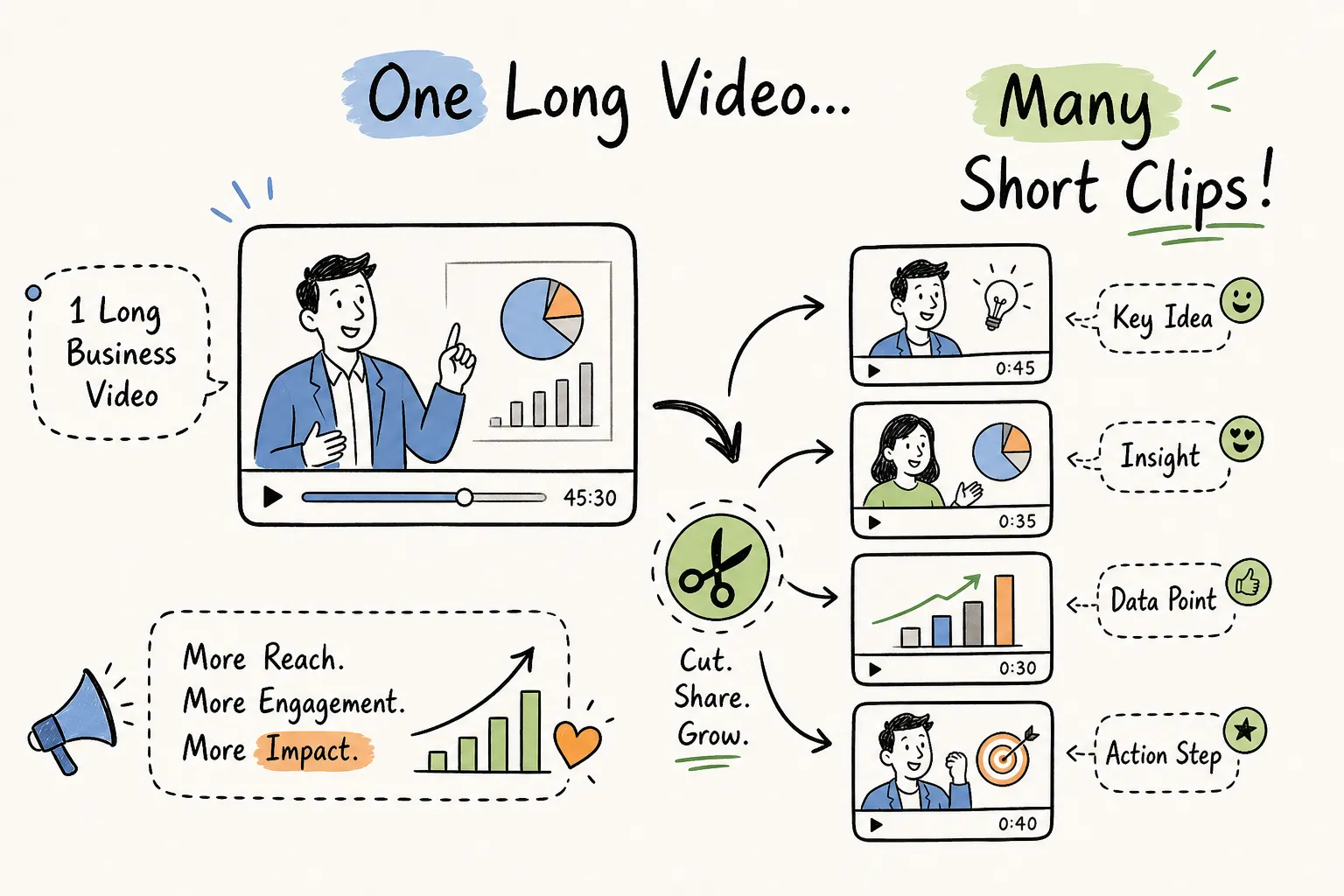 AI image to illustrate how to make short clips from one long video, from This Video Works, Edinburgh, London and Worcester
