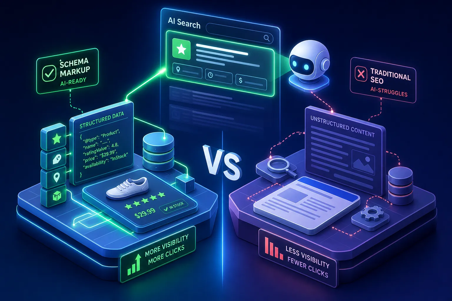 AI generated image to represent schema mark up vs traditional SEO for AI search, from This Video Works, London, Worcester and Edinburgh