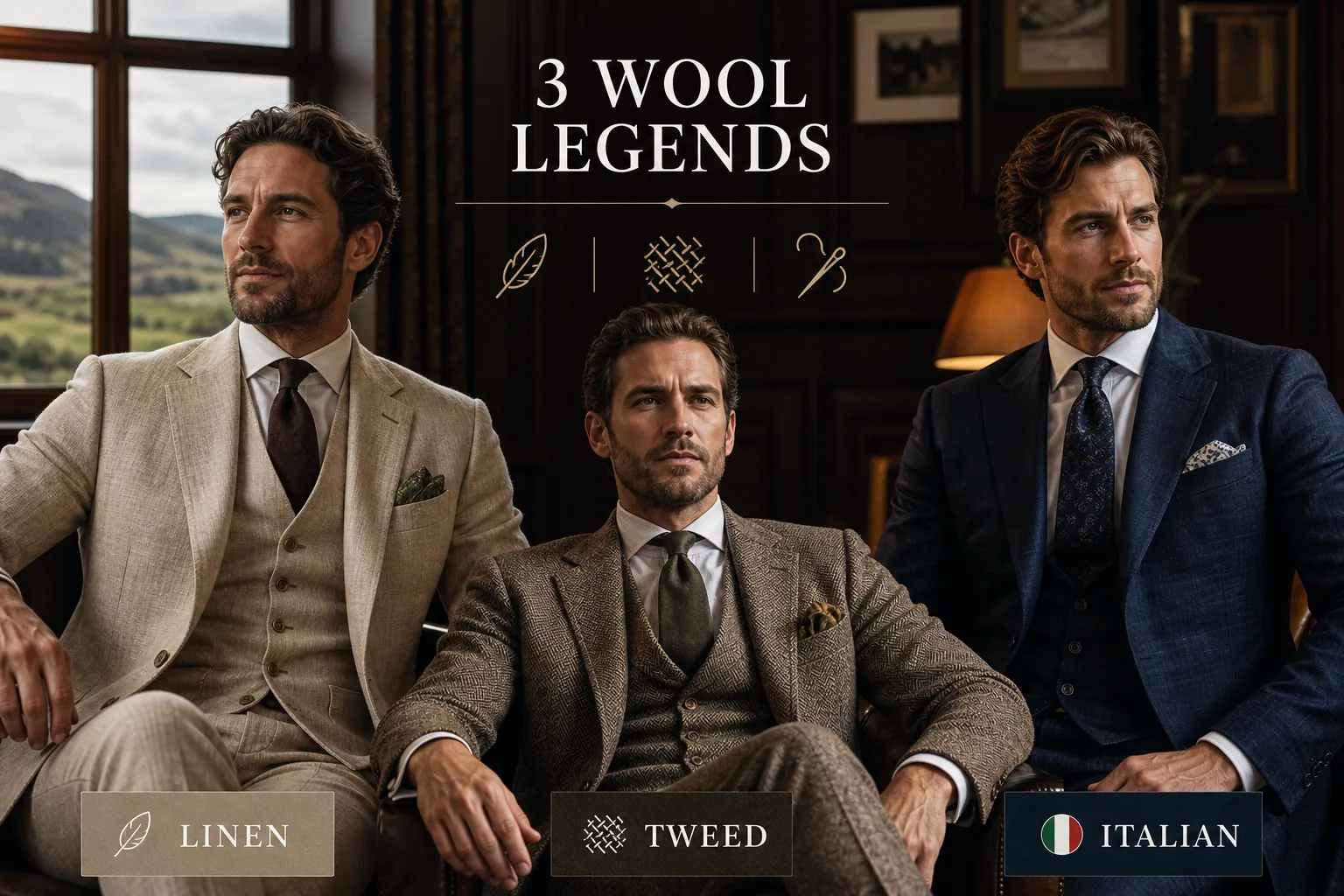 AI generated image to compare Scottish and Italian wools for suits, from This Video Works, London, Worcester and Edinburgh