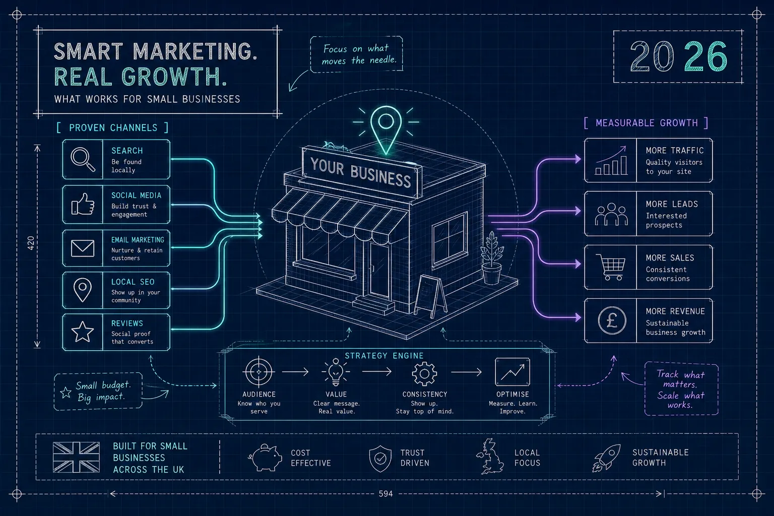 AI generated image to represent small business marketing in 2026, from This Video Works, London, Worcester and Edinburgh