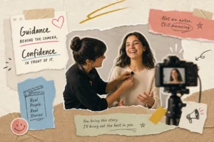 AI generated image to convey how a talent producer can help look natural on camera, from This Video Works, London, Worcester and Edinburgh