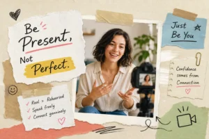 AI generated image to convey how to look natural on camera, from This Video Works, London, Worcester and Edinburgh