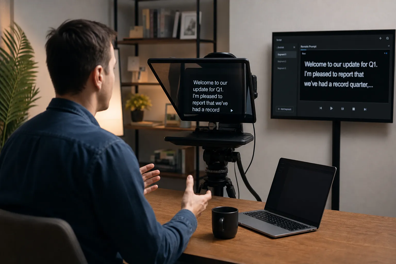 AI generated image to convey how live video prompting can help you speak naturally on camera when you really do need a teleprompter, from This Video Works, London, Worcester and Edinburgh